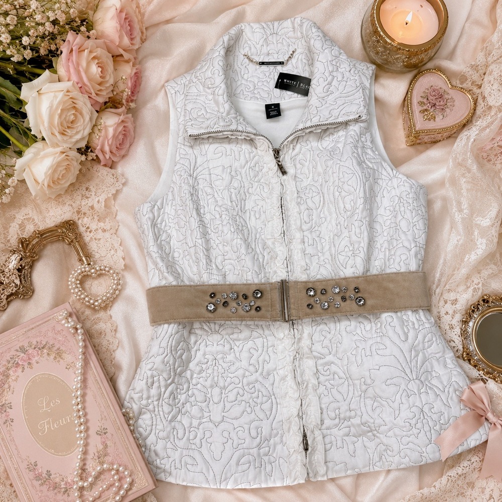 White House Black Market Quilted Vest Womens S Ivory Embroidered‎ Bling Belt NWT